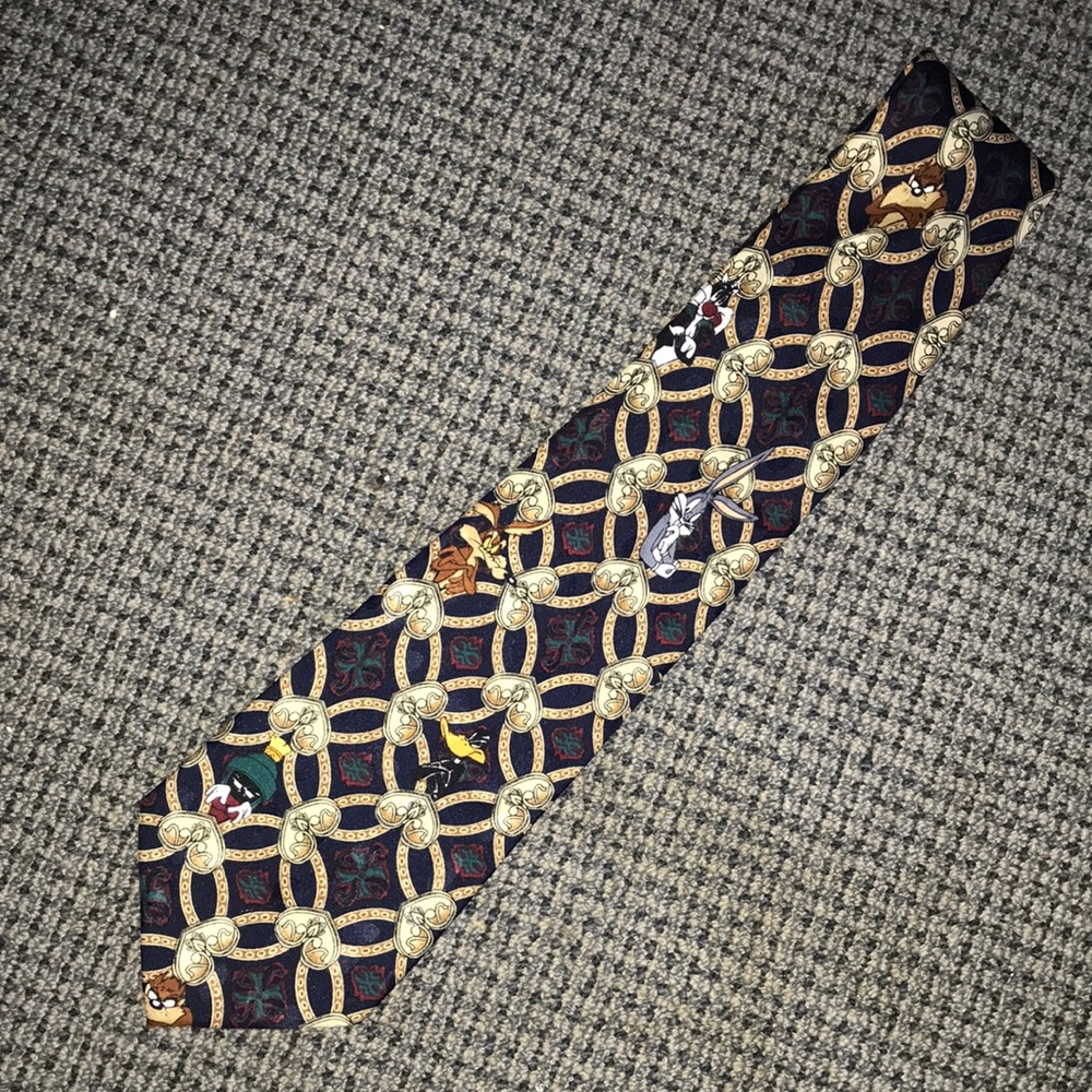 Warner Bros. Navy Tie with Gold Chain Motif and Character Accents